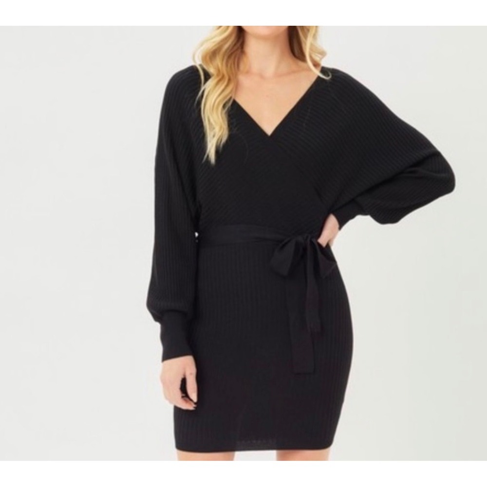Zesica Black Ribbed‎ Knit Wrap V-Neck Tie Waist Dolman Sleeve Mini Dress Large